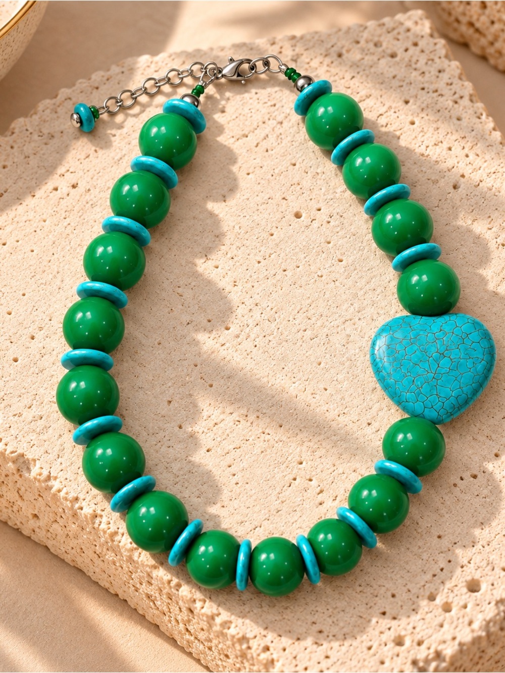 Vibrant Green & Turquoise Heart Bead Necklace